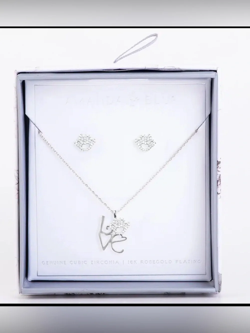 AMANDA BLU BOXED CZ EARRING & NECKLACE SET – PAW/LOVE PET- 925 SILVER PLATED New